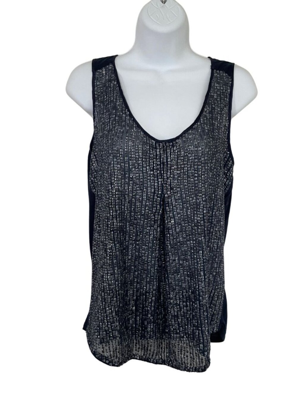Ecru Navy Blue Sequin Beaded Front Tank Top Sz S Evening Party Holiday